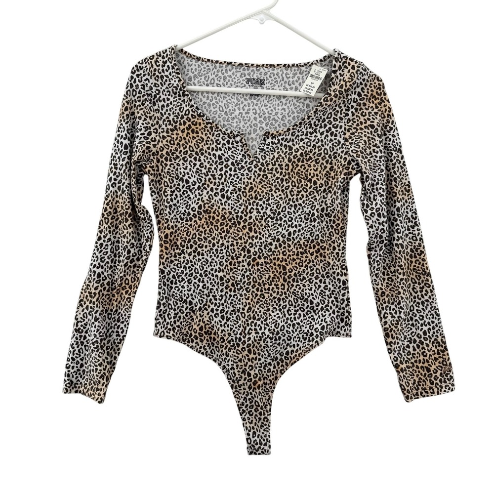 PINK Victoria's Secret Bodysuit Top Womens Small Leopard Print Long Sleeve NWT